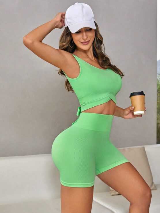 Tie Back Seamless Wide Waistband Sports Set - Image 3