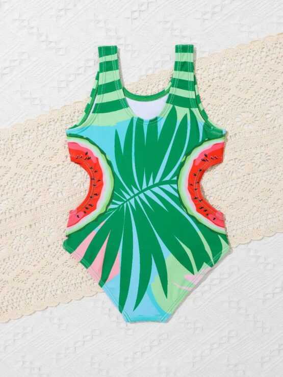 Baby Watermelon & Tropical Print Cut Out Waist One Piece Swimsuit - Image 3