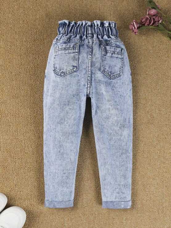 Toddler Girls Floral Embroidery Paperbag Waist Pocket Jeans - Image 2
