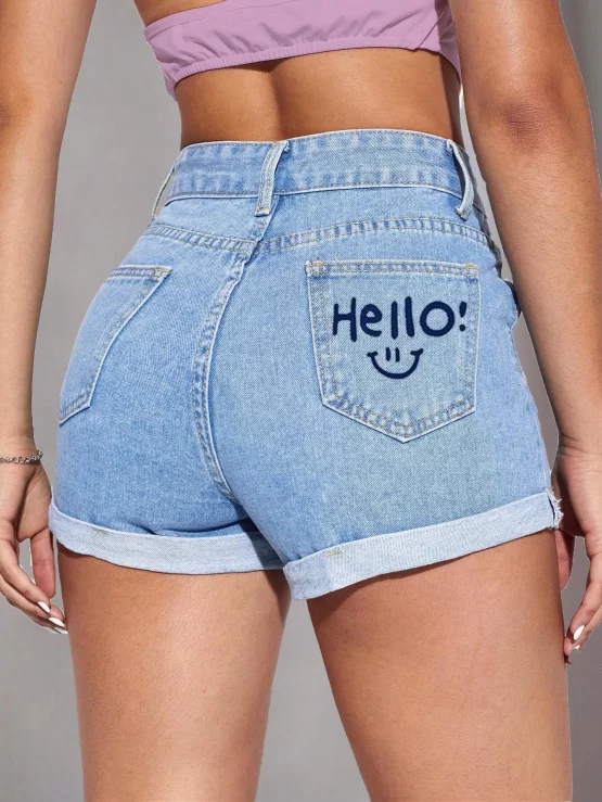 Letter Graphic Roll Up Hem Denim Shorts - Image 2