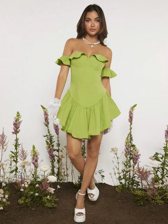 Off Shoulder Ruffle Bustier Hem Dress Without Gloves - Image 2