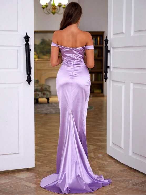 LOVE & LEMONADE Off Shoulder Split Thigh Formal Satin Dress - Image 4