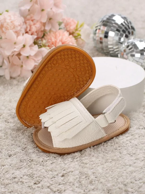 Baby Girls Fringe Trim Decor Hook-and-loop Fastener Slingback Sandals - Image 3
