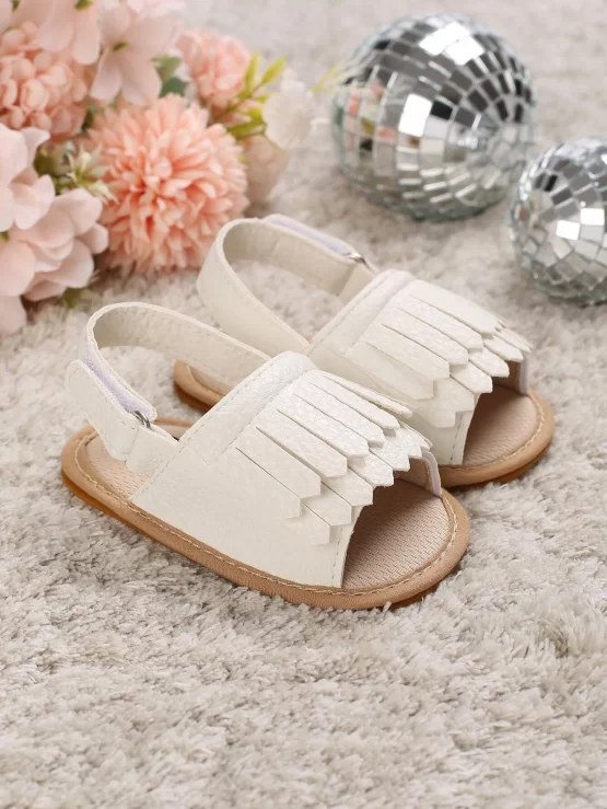 Baby Girls Fringe Trim Decor Hook-and-loop Fastener Slingback Sandals - Image 2