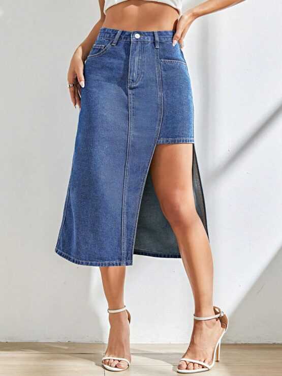 High Waist Asymmetrical Hem Denim Skirt - Image 2