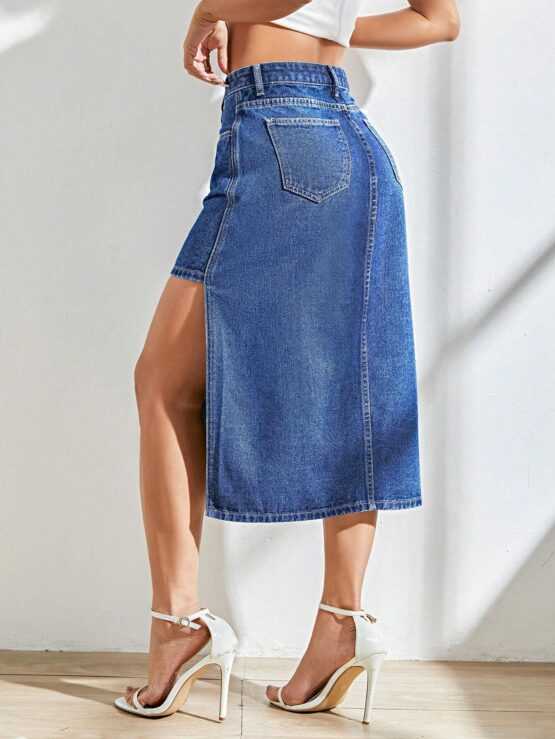 High Waist Asymmetrical Hem Denim Skirt - Image 3