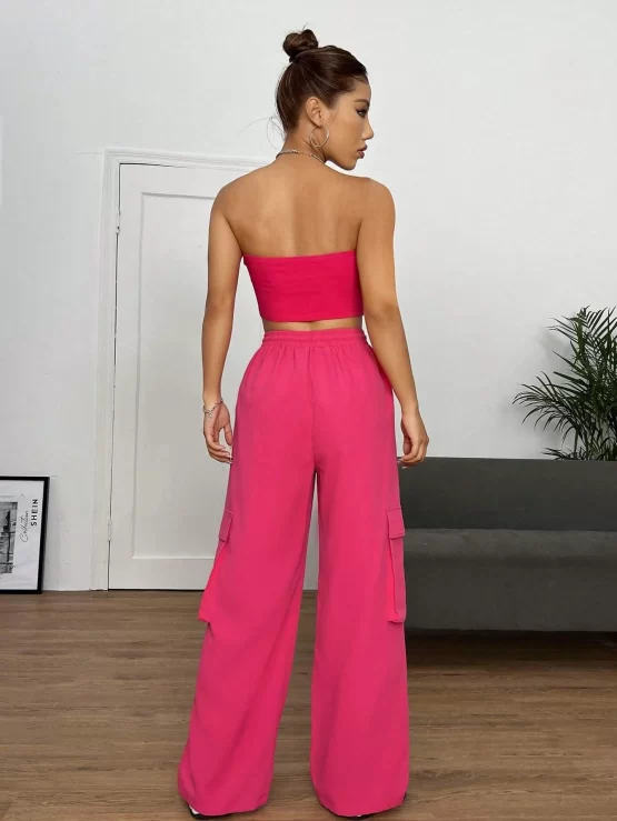 EZwear Letter Patched Tube Top & Drawstring Waist Cargo Pants - Image 2
