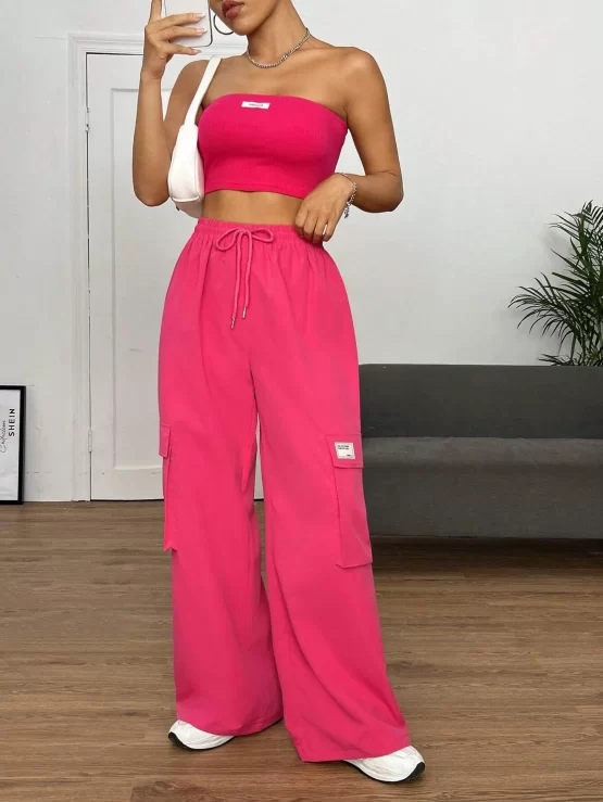 EZwear Letter Patched Tube Top & Drawstring Waist Cargo Pants - Image 3
