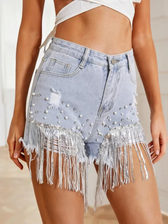 Rhinestone Pearls Beaded Raw Fringe Hem Denim Shorts - Image 2
