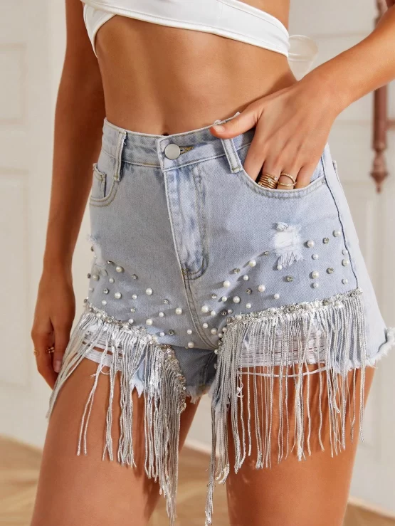 Rhinestone Pearls Beaded Raw Fringe Hem Denim Shorts - Image 3