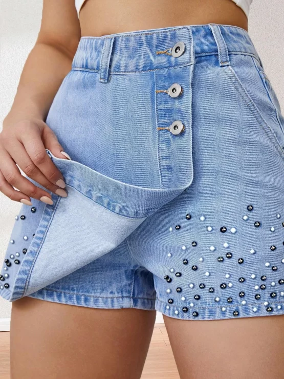 Rhinestone Detail Button Front Denim Skort - Image 3