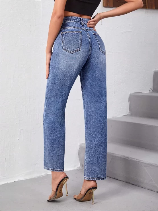 Ripped Button Pocket Zipper Fly Straight Leg Jeans - Image 2