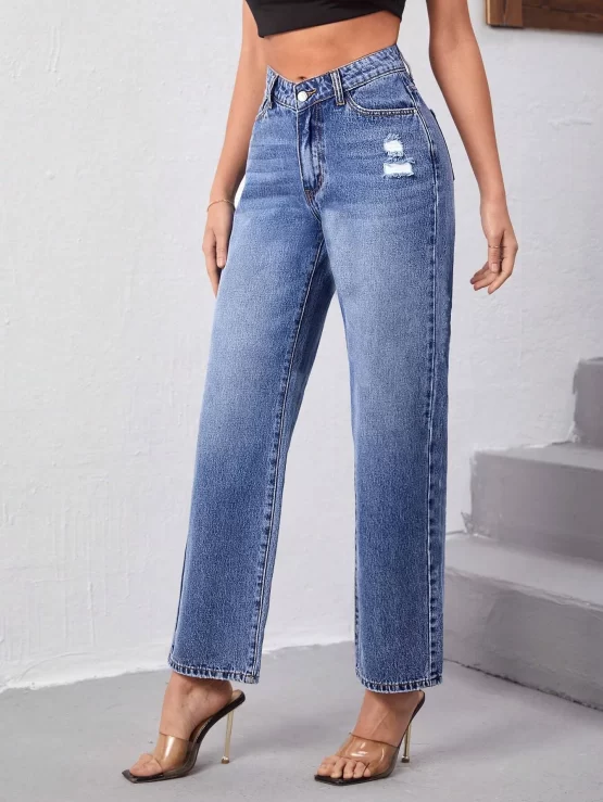 Ripped Button Pocket Zipper Fly Straight Leg Jeans - Image 3