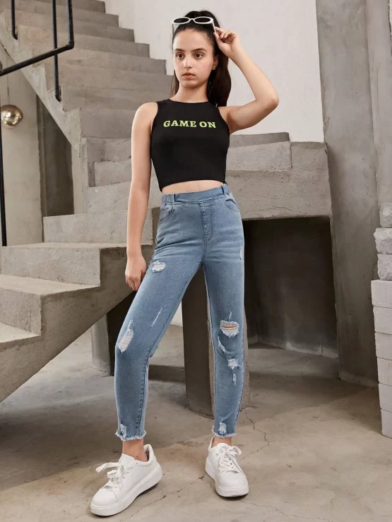 Girls Skinny Cropped Raw Hem Ripped Jeans - Image 2
