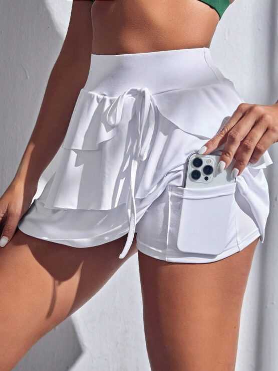High Waist Ruffle Hem Knot Side Sports Skort With Phone Pocket - Image 2