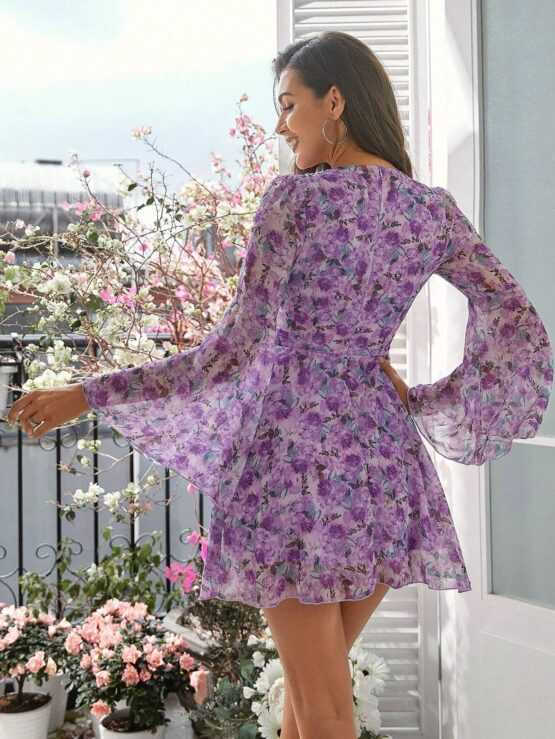 Double Crazy Floral Print Flounce Sleeve Plunging Neck Flared Hem Dress - Image 2