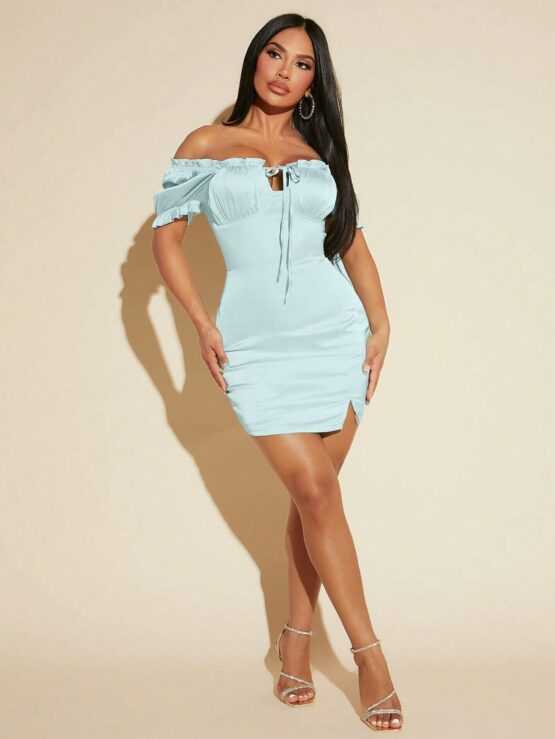 Off Shoulder Knot Front Frill Trim Ruched Bust Bodycon Dress - Image 3