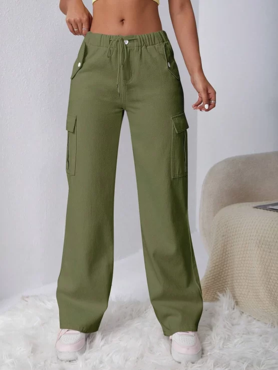 Drawstring Waist Flap Cargo Pocket Jeans - Image 4