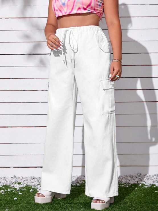Plus Drawstring Waist Flap Cargo Pocket Jeans - Image 2