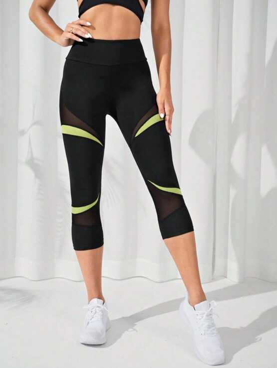 Contrast Mesh Wideband Waist Sports Leggings - Image 3