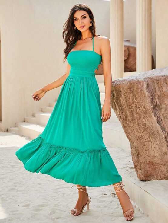 LOVE & LEMONADE Tie Backless Ruffle Halter Hem Dress - Image 2