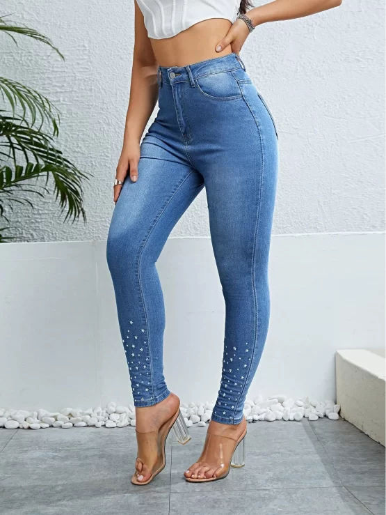 High Waist Button Pearls Beaded Skinny Jeans - Image 2