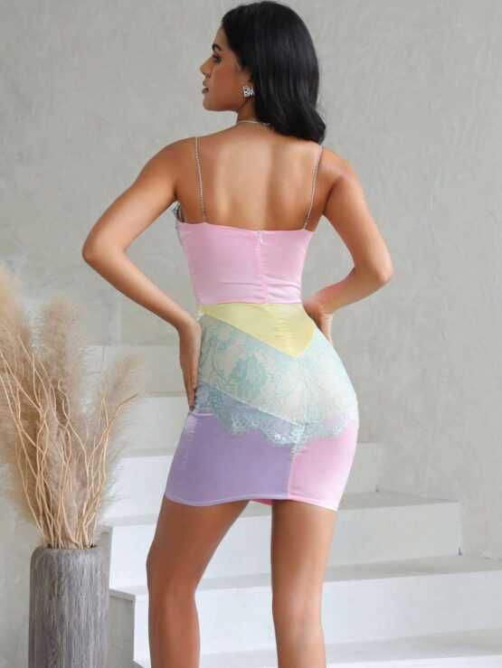 Color Block Contrast Lace Button Front Satin Cami Dress - Image 2