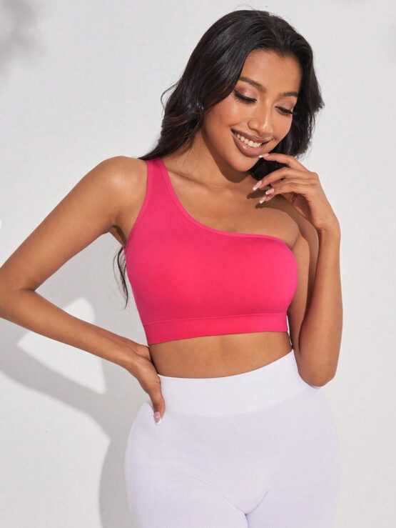 Solid One Shoulder Criss Cross Backless Sports Bra - Image 2