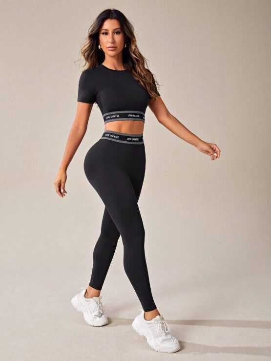 Letter Graphic Color Block Sports Tee & Leggings - Image 3