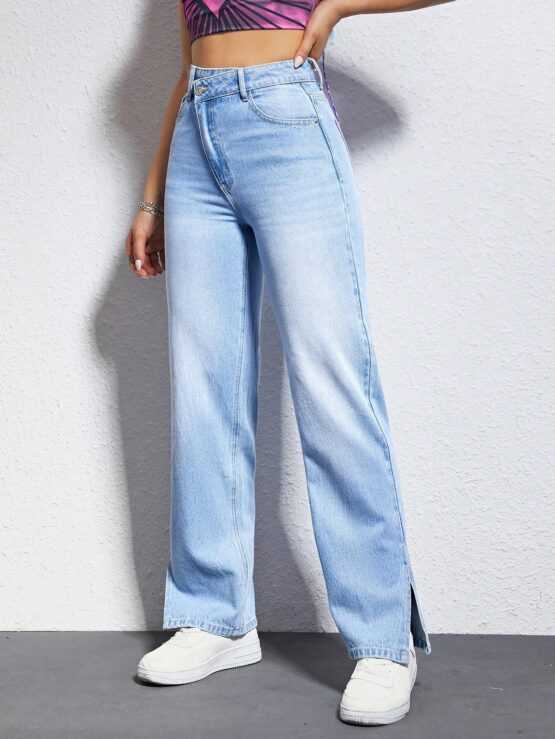 Split Hem Pocket Zipper Straight Leg Jeans - Image 2