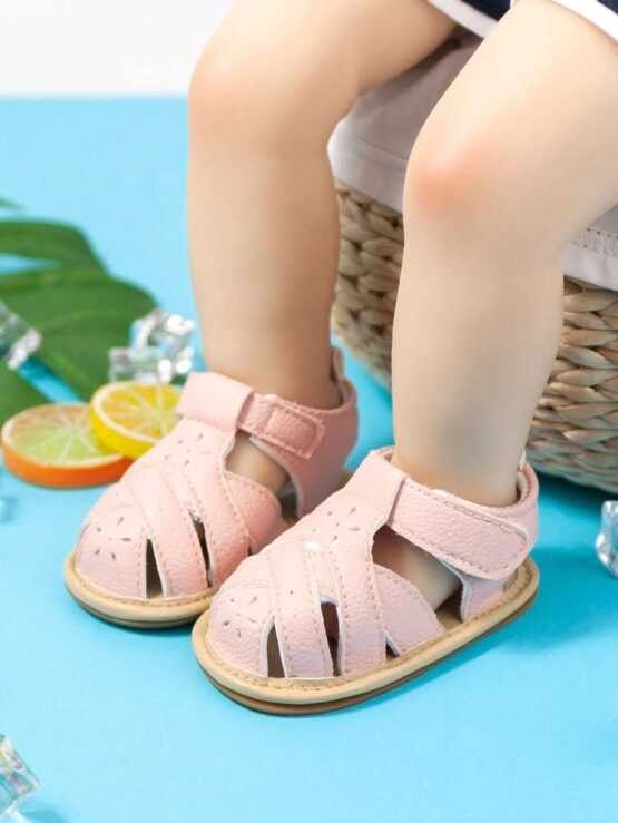 Baby Girls Litchi Embossed Hollow Out Hook-and-loop Fastener Breathable Fashion Ankle Strap Sandals - Image 3