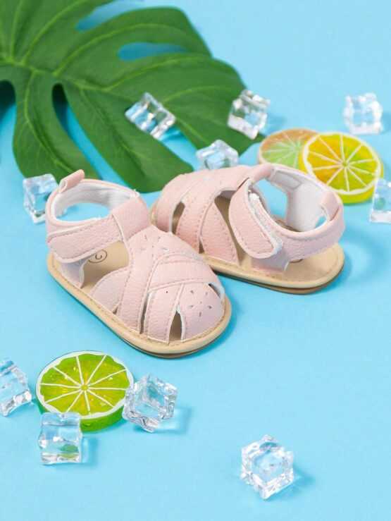 Baby Girls Litchi Embossed Hollow Out Hook-and-loop Fastener Breathable Fashion Ankle Strap Sandals - Image 2