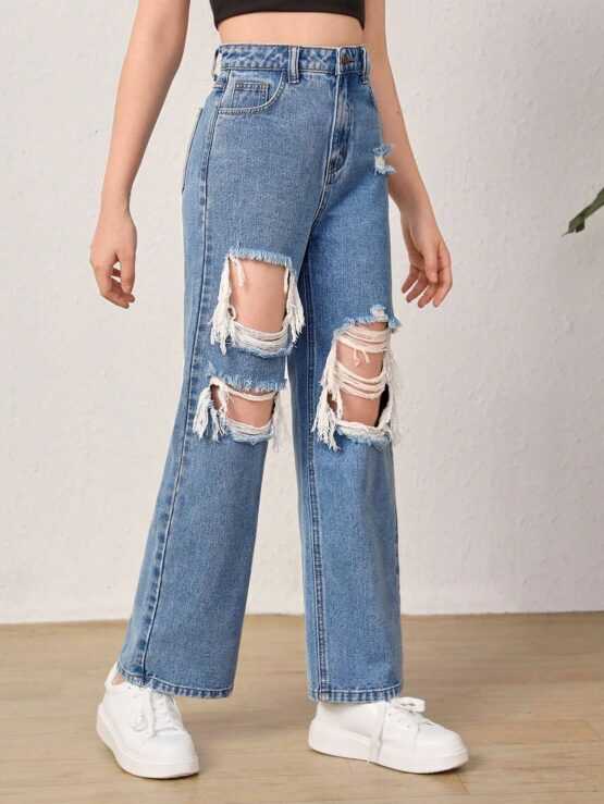 Teen Girls Ripped Zipper Straight Leg Jeans - Image 2