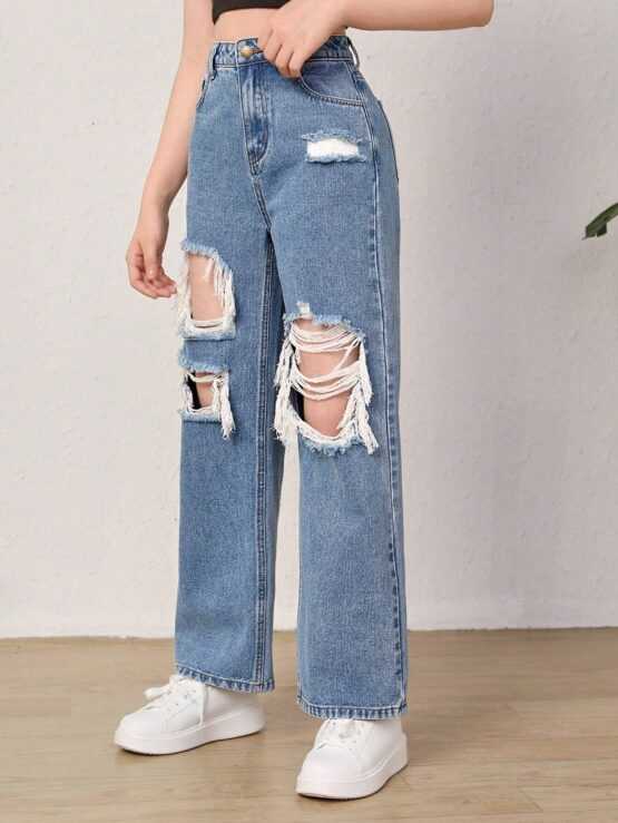 Teen Girls Ripped Zipper Straight Leg Jeans - Image 3