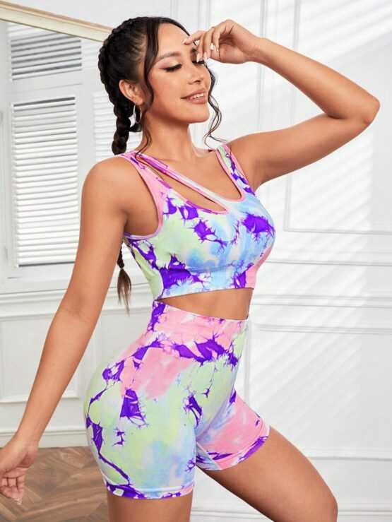 Tie Dye Cut Out Asymmetrical Neck Sports Set - Image 2