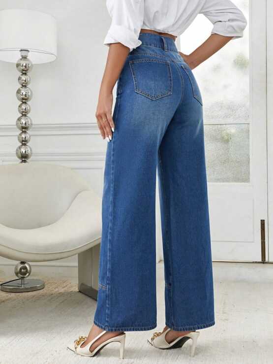 High Waist Button Pocket Wide Leg Jeans - Image 2