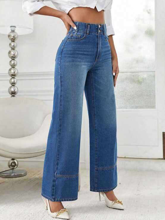 High Waist Button Pocket Wide Leg Jeans - Image 3