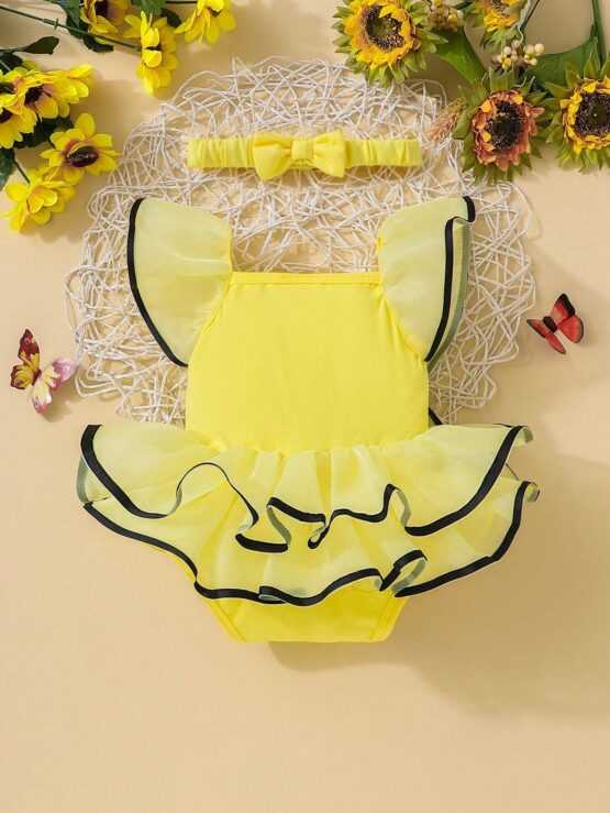 Baby Striped Contrast Mesh Ruffle Trim Bodysuit - Image 2