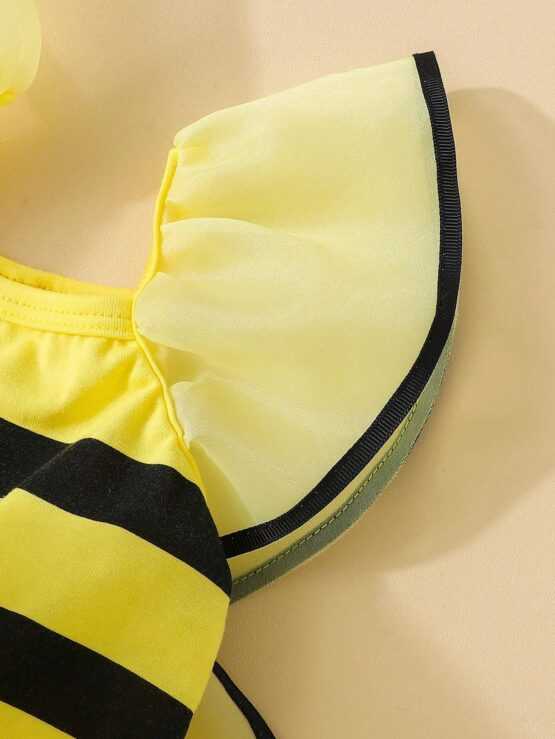 Baby Striped Contrast Mesh Ruffle Trim Bodysuit - Image 3