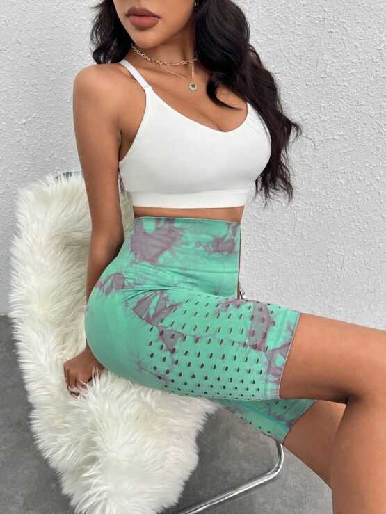 Tie Dye Wideband Waist Hollow Out Biker Shorts - Image 2