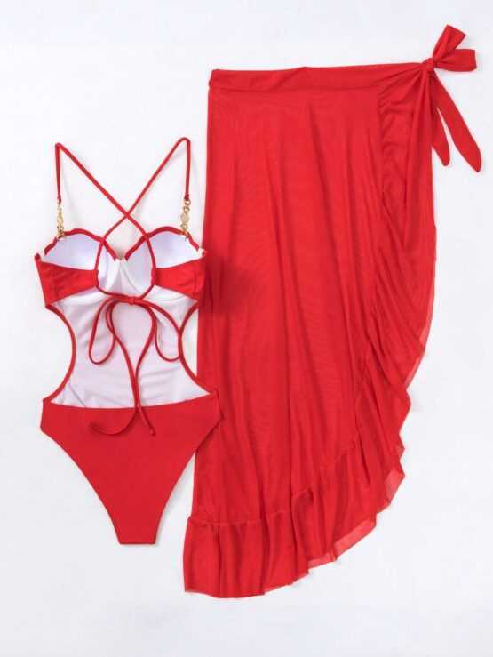 Plain Underwire One Piece Bikini Swimsuit With Beach Skirt - Image 4