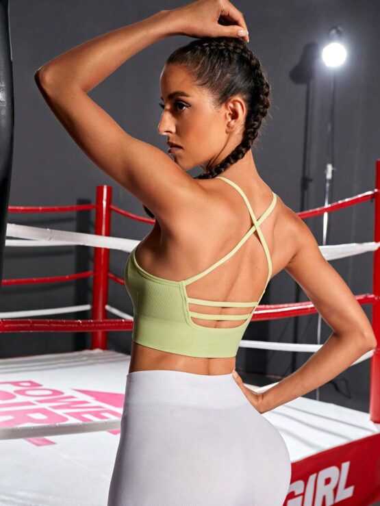 Solid Criss Cross Rib Knit Back Sports Bra - Image 2