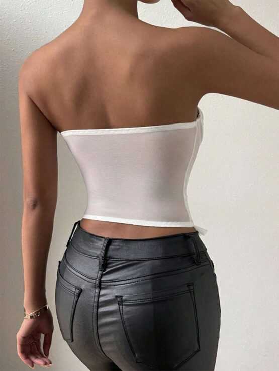 BAE Contrast Lace Sexy Tie Front Frill Trim Tube Detail Top - Image 2