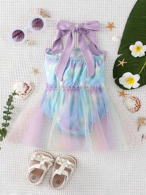 Baby Fish Scale Print Contrast Mesh Bow Halter Costume Front Bodysuit - Image 3