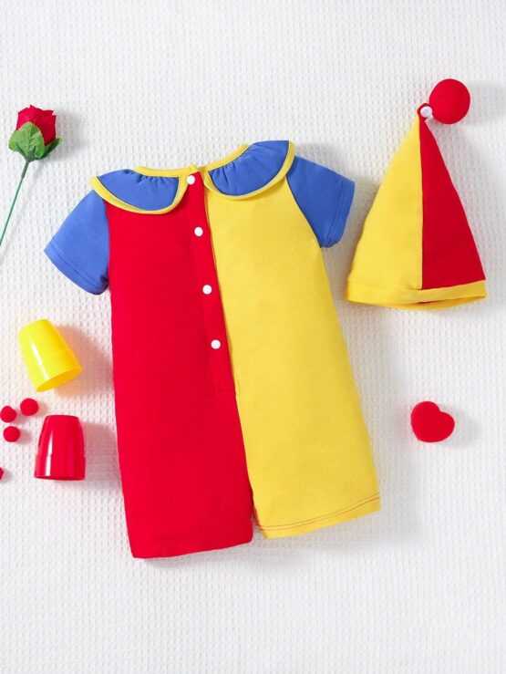 Baby Color Block Pom Pom Detail Back Costume Button Romper - Image 2