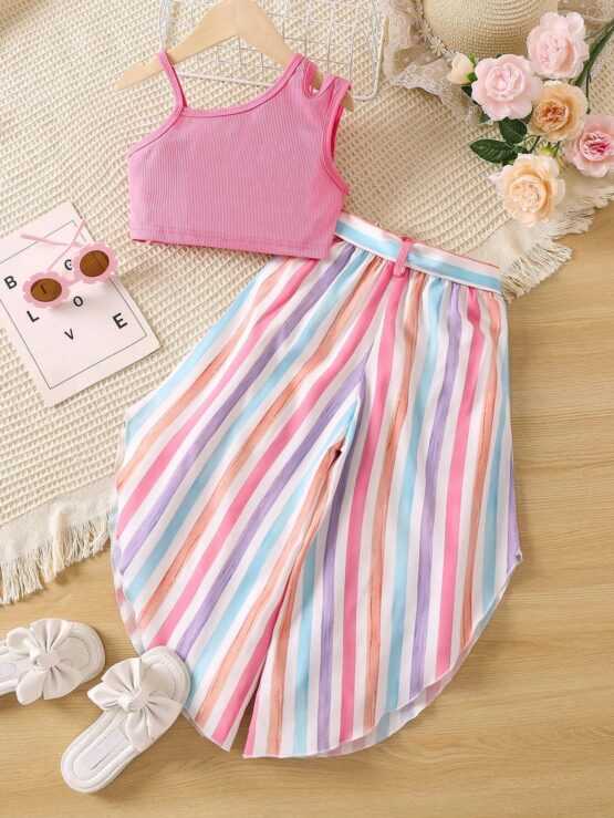 Toddler Girls Asymmetrical Neck Top & Striped Belted Pants - Image 3