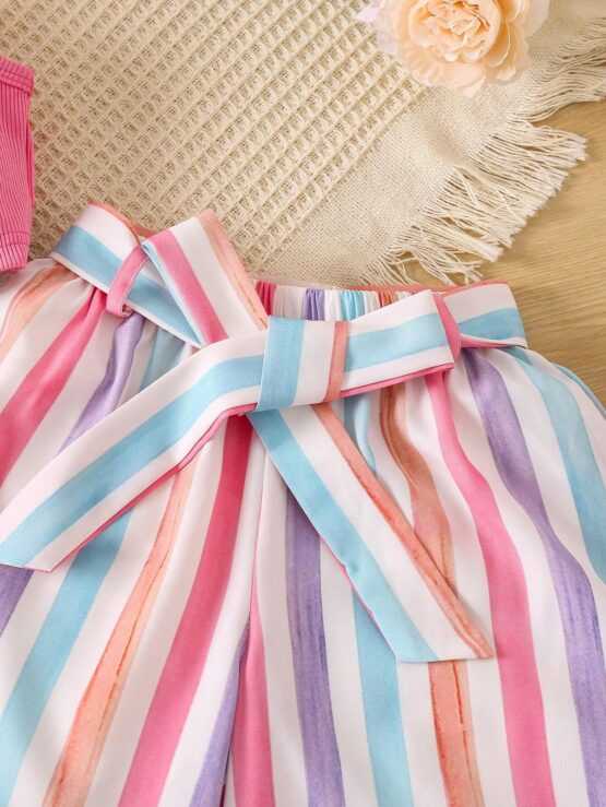 Toddler Girls Asymmetrical Neck Top & Striped Belted Pants - Image 2