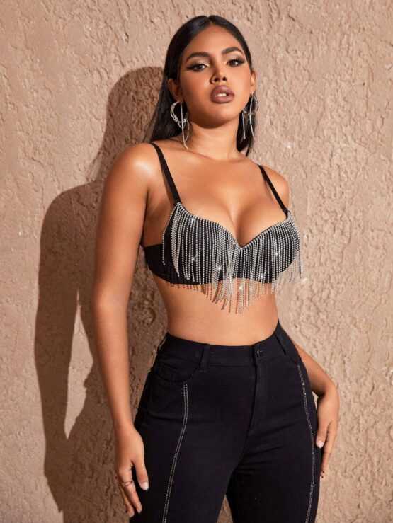 Apperloth A Rhinestone Fringe Trim Bustier Crop Cami Top - Image 3