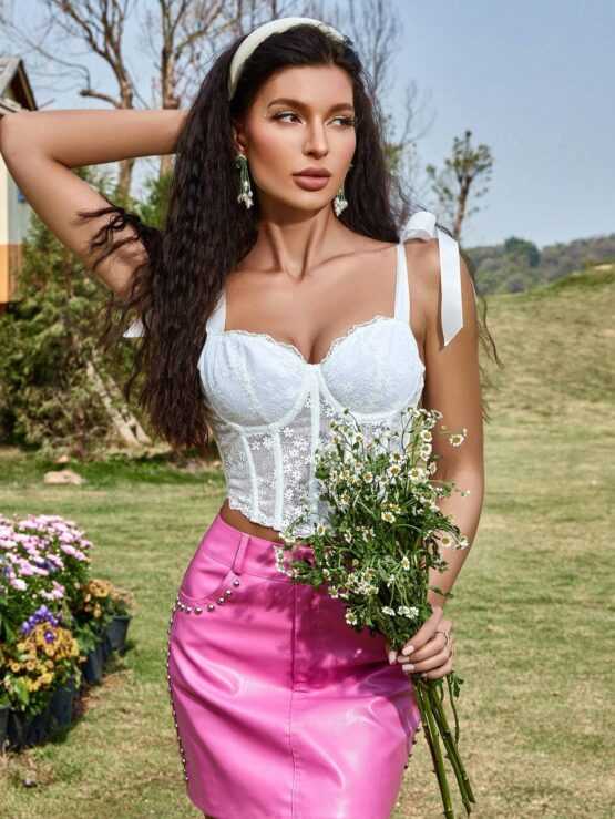 Floral Lace Up Back Curved Hem Bustier Corset Shapewear A Tie Shoulder Top - Image 2