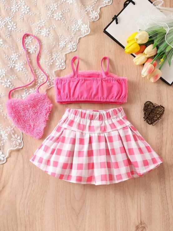Baby Fuzzy Cami Top & Buffalo Plaid Print Pleated Skirt - Image 2
